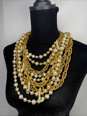 SASSY JONES Multi-Strand Gold and Pearl Statement Necklace